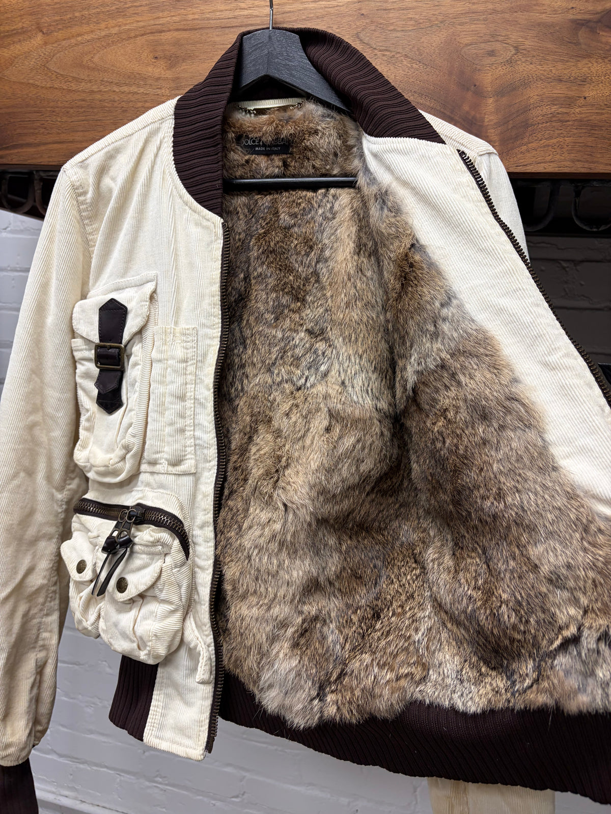 AW2003 Dolce & Gabbana ‘Hunting’ Rabbit Fur Lined White Corduroy Bomber Jacket