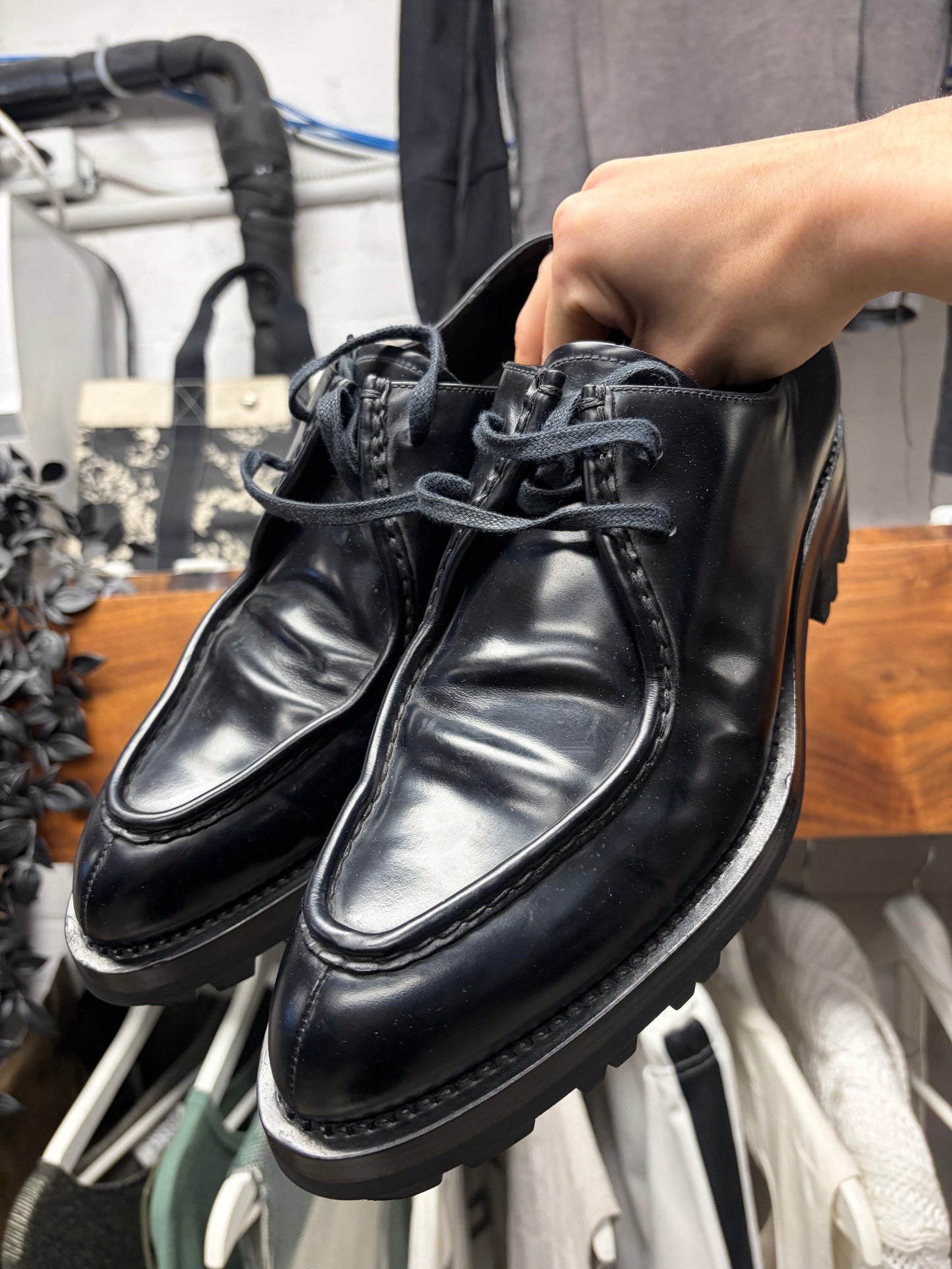 Prada Black Patent Leather ‘Lug Sole’ Pointed Toe Leather Derbys