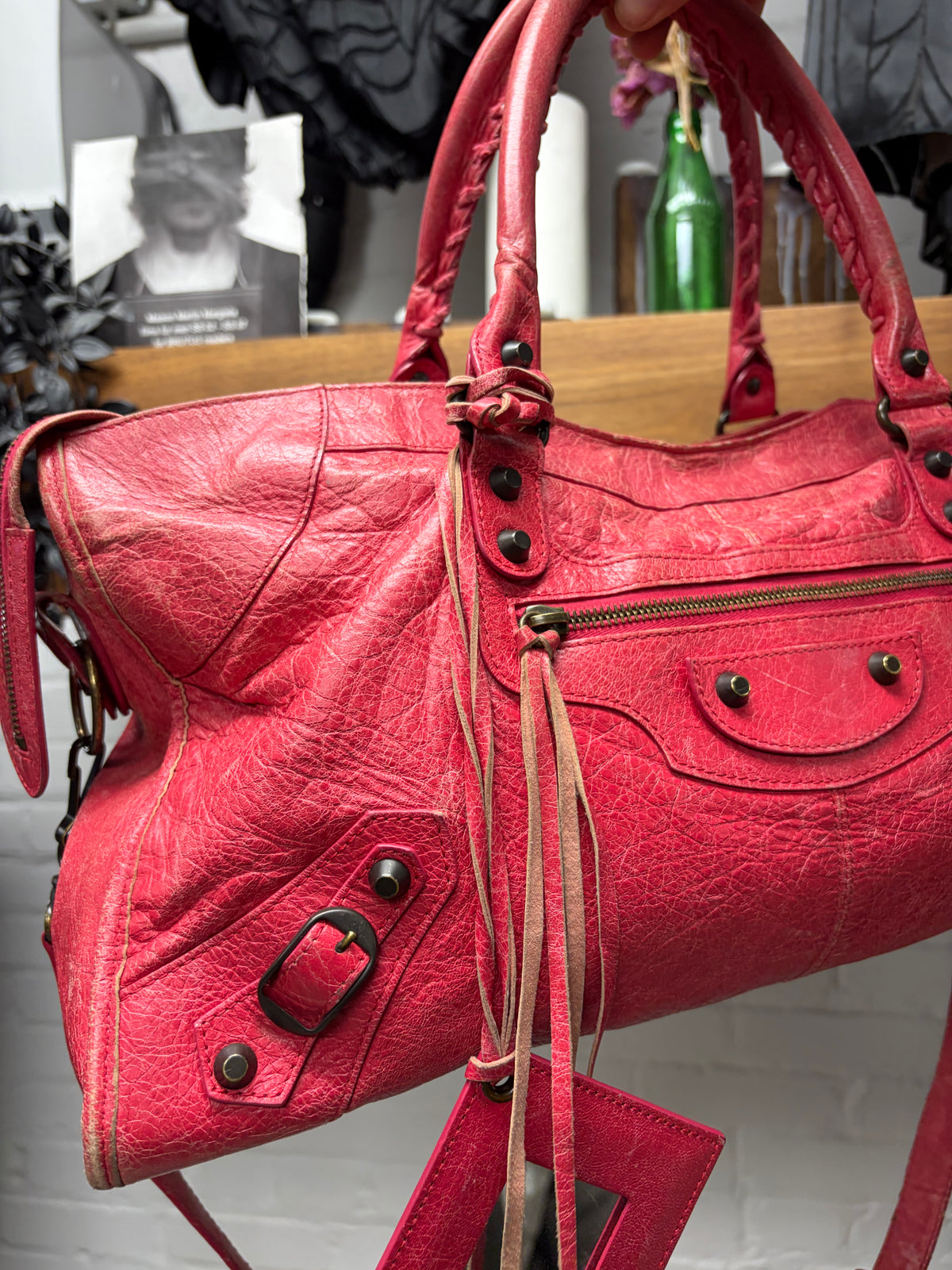 Balenciaga Red Lambskin Leather Classic Size ‘City’ Bag with Crossbody Strap