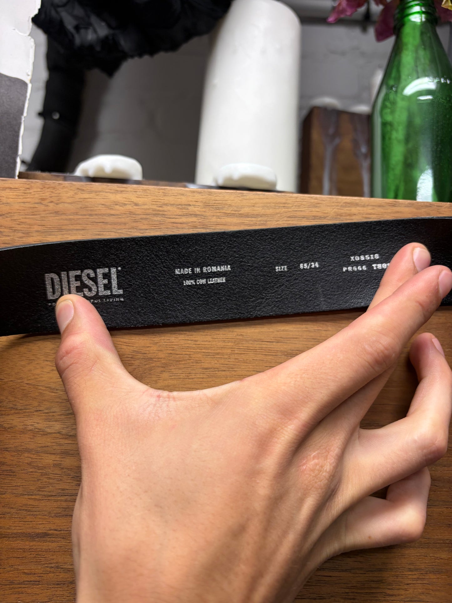 Diesel Black Leather/Silver Tone ‘D-Buckle’ Belt