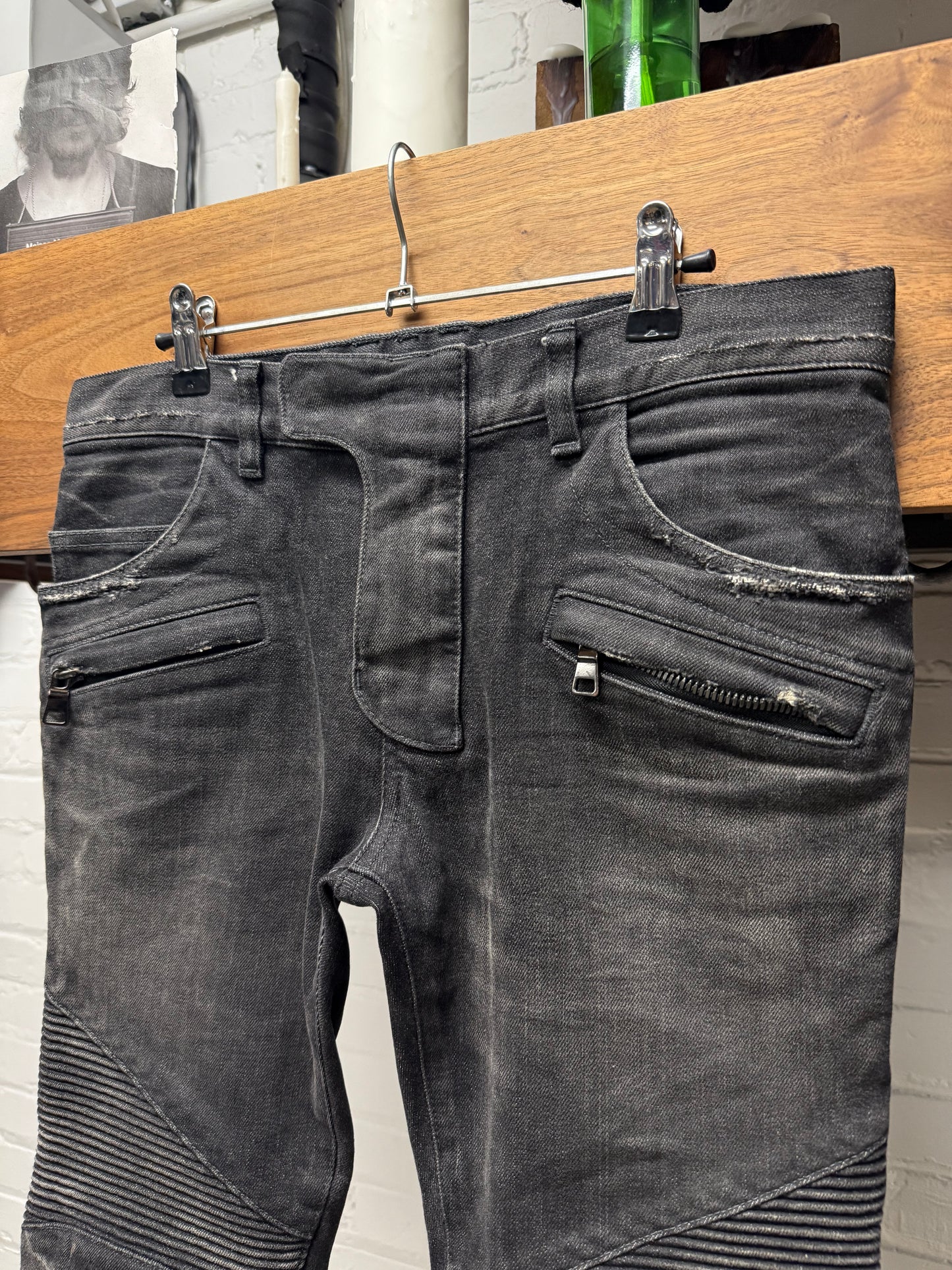 Balmain Black Distressed Black Biker Knee Moto Skinny Jeans