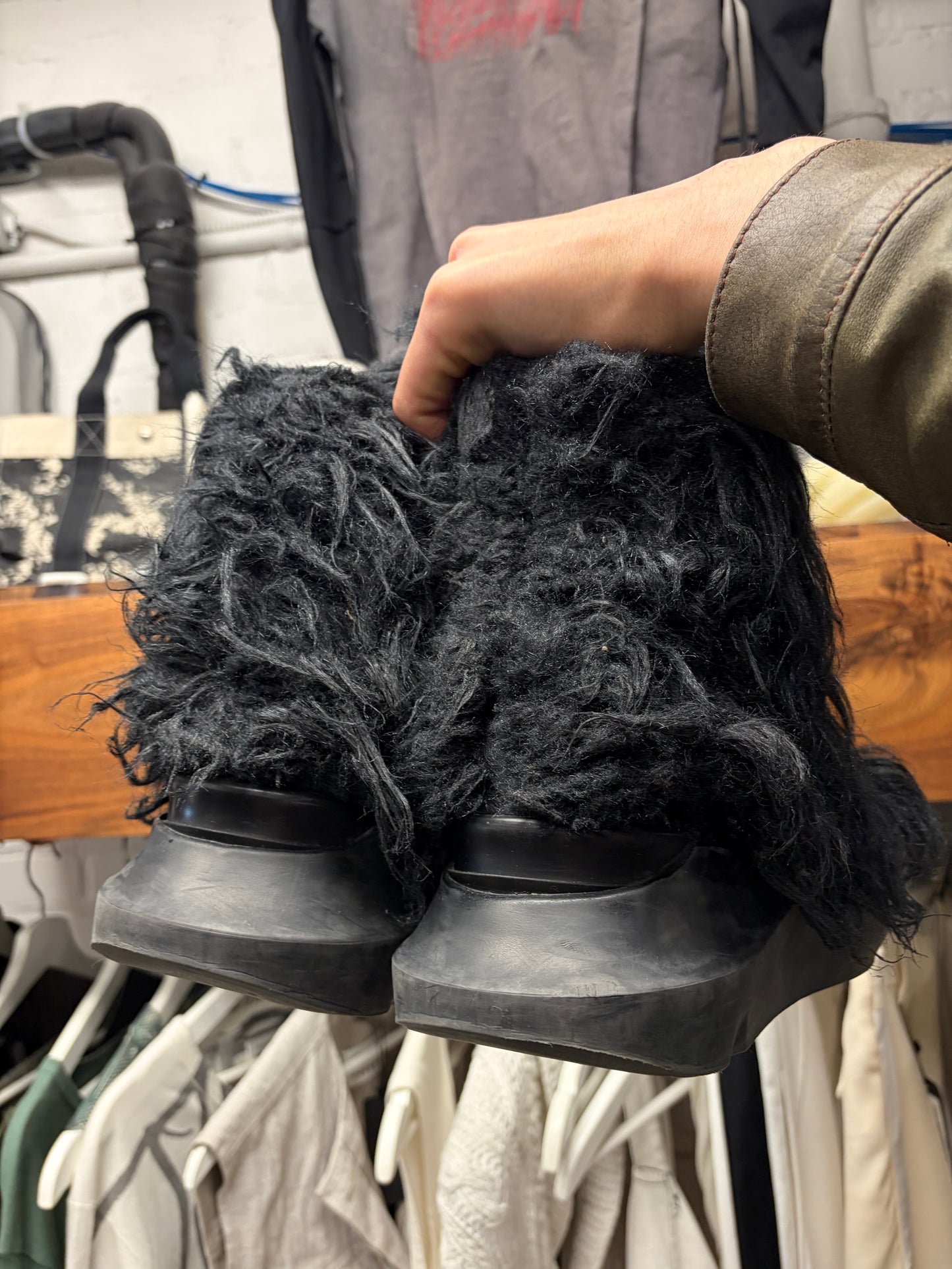 Rick Owens ‘Abstract’ Black Faux Fur Shag High Top Sneakers
