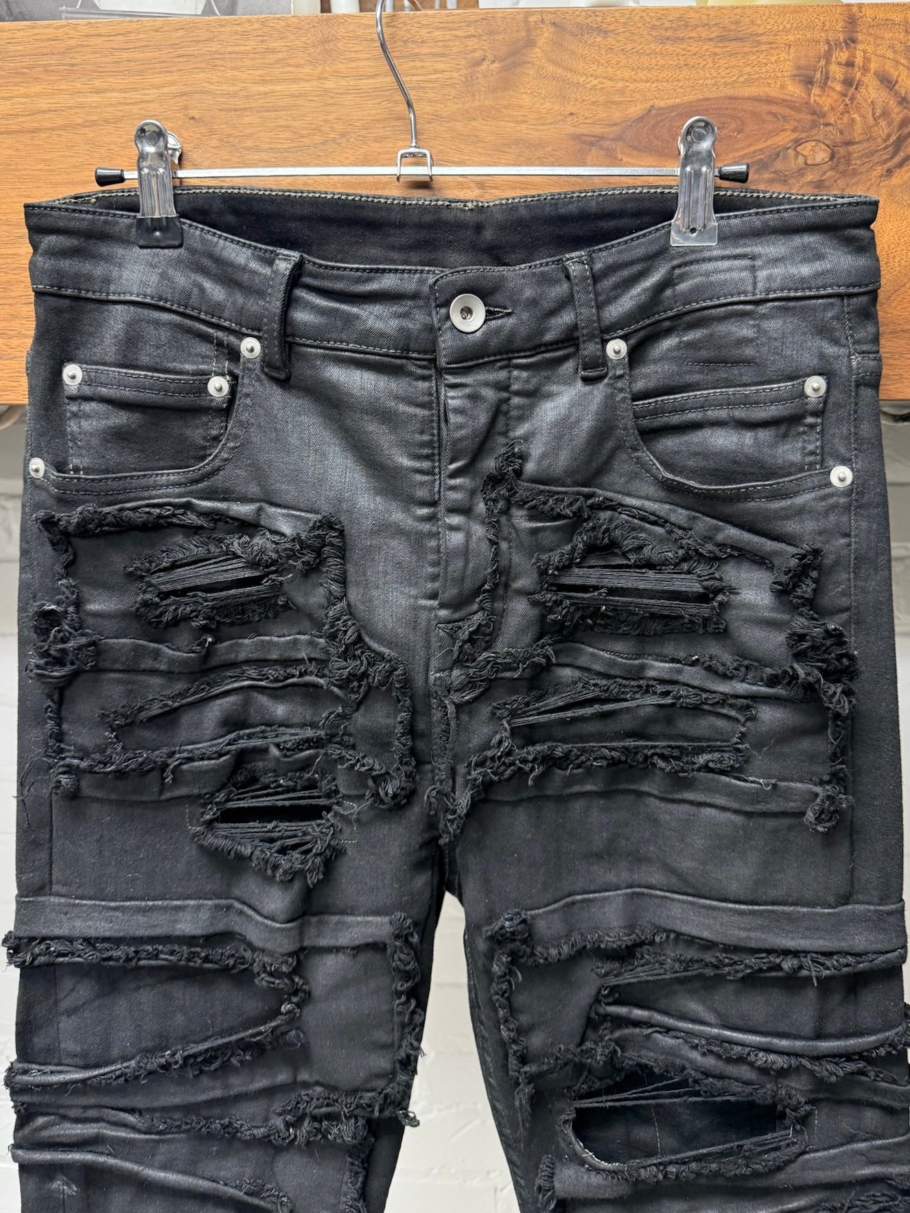 AW2021 Rick Owens ‘Detroit Cut’ Waxed Black Thrash Distressed Denim