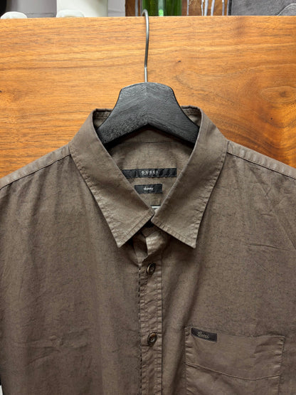 Gucci ‘Resin Waxed’ Cotton Brown Button Up ‘Skinny’ Shirt with Cursive Pocket Branding