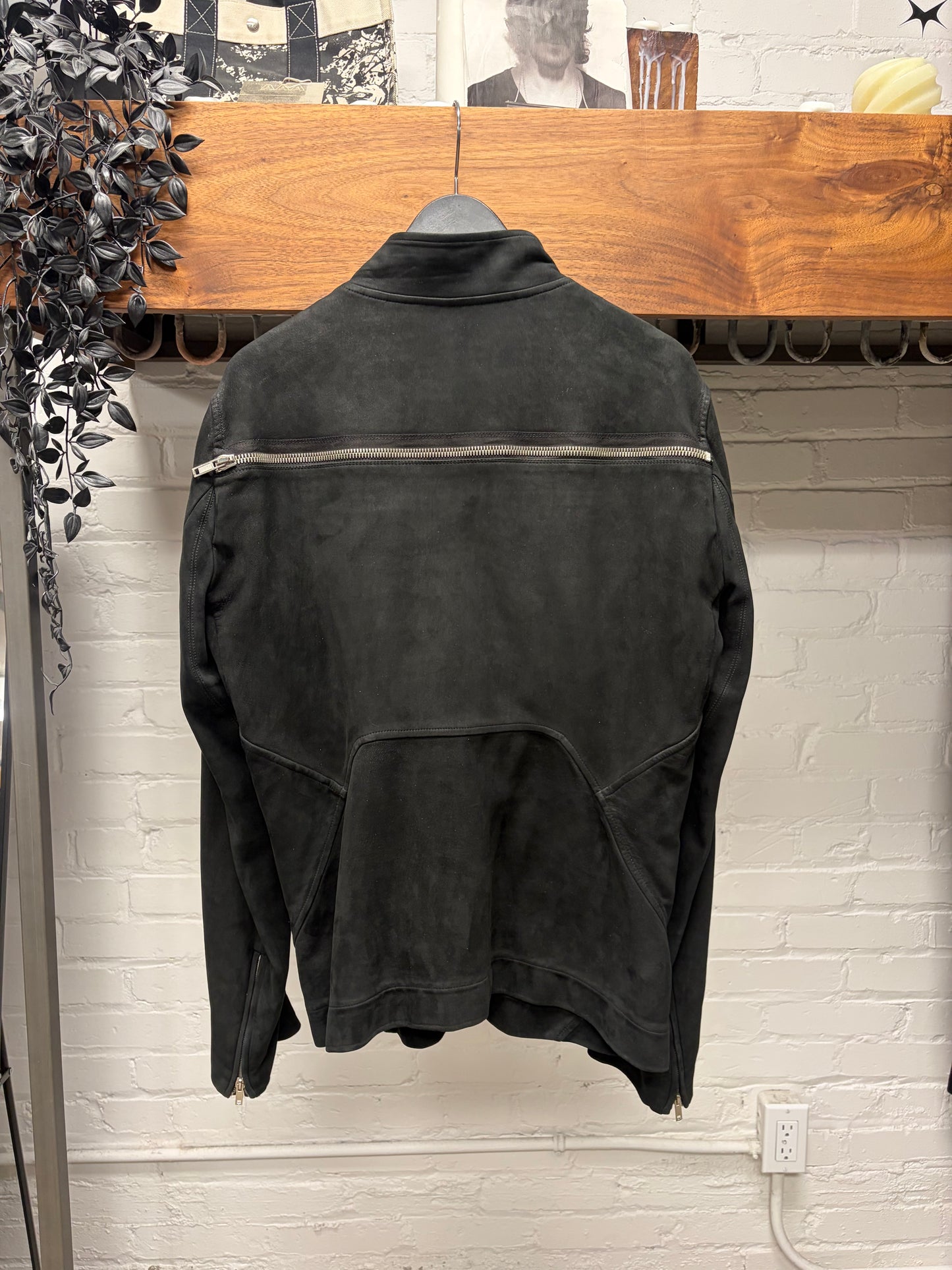 Rick Owens Mollino Zip Blistered Suede Black High Neck Leather Jacket