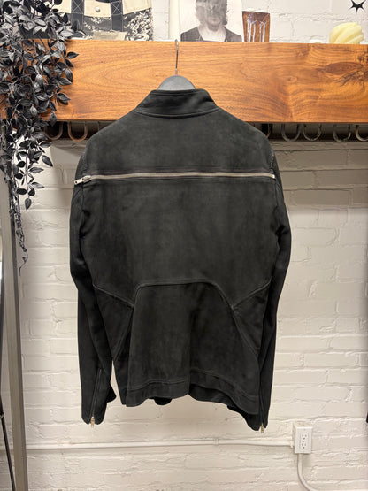 Rick Owens Mollino Zip Blistered Suede Black High Neck Leather Jacket