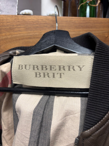 Burberry ‘Brit’ Brown Lambskin Leather Cargo Bomber Jacket with Nova Check Monogram Interior Liner