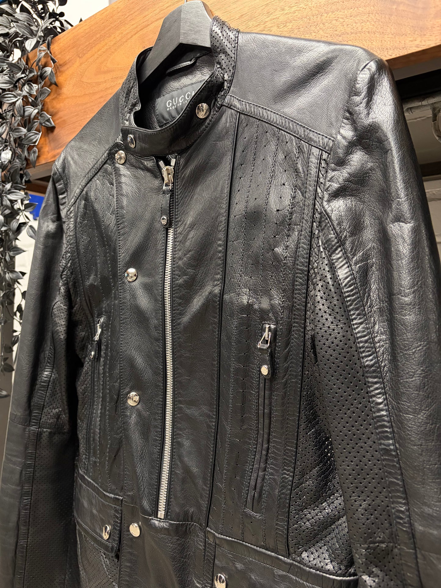 Mid 2000s Gucci by Frida Giannini Perforated Leather Biker Jacket