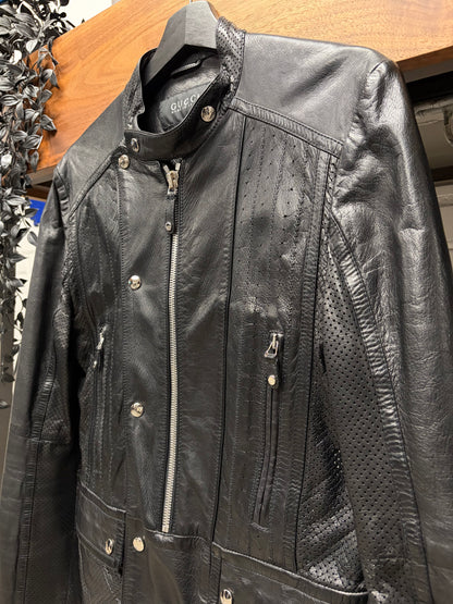 Mid 2000s Gucci by Frida Giannini Perforated Leather Biker Jacket