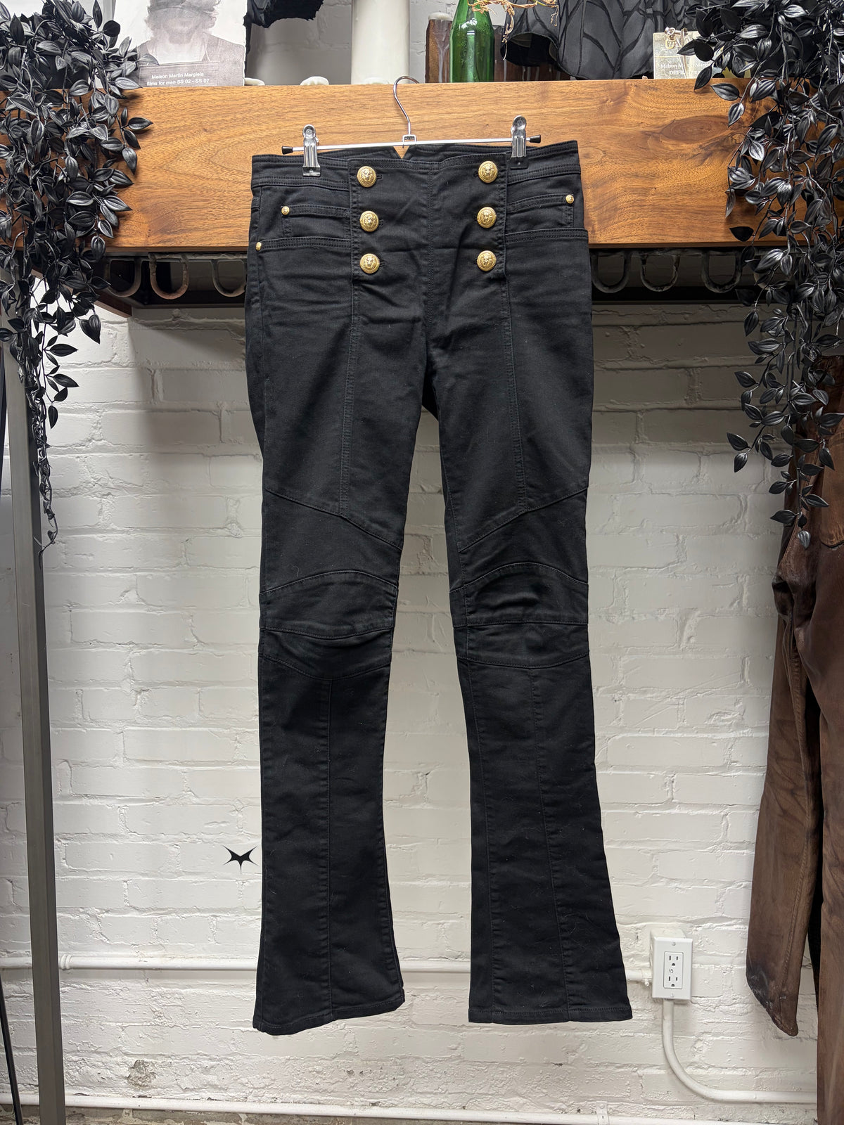 Balmain ‘Buckle-Back’ Flared Leg Black Skinny Biker Denim