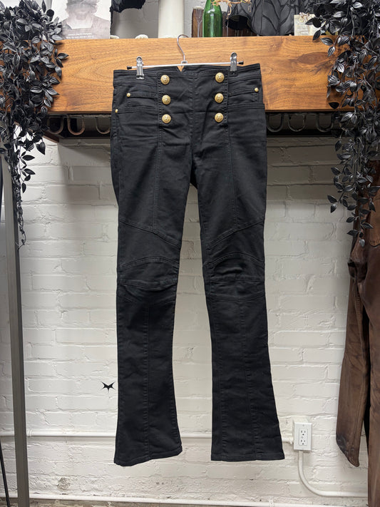 Balmain ‘Buckle-Back’ Flared Leg Black Skinny Biker Denim