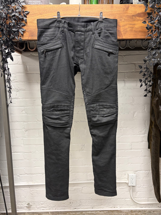 Balmain Waxed Black Biker Knee Skinny Moto Denim