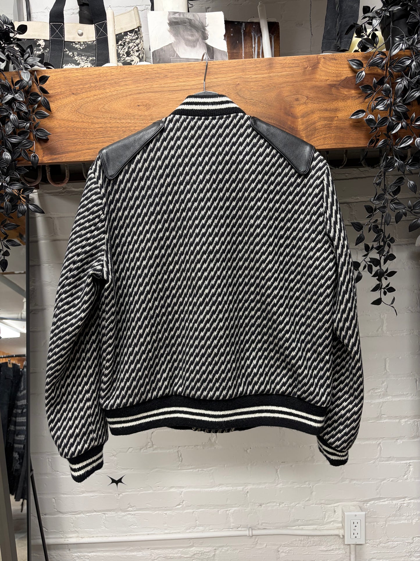 AW2018 Saint Laurent Houndstooth Black/White ‘Teddy’ Varsity Jacket with Leather Accents