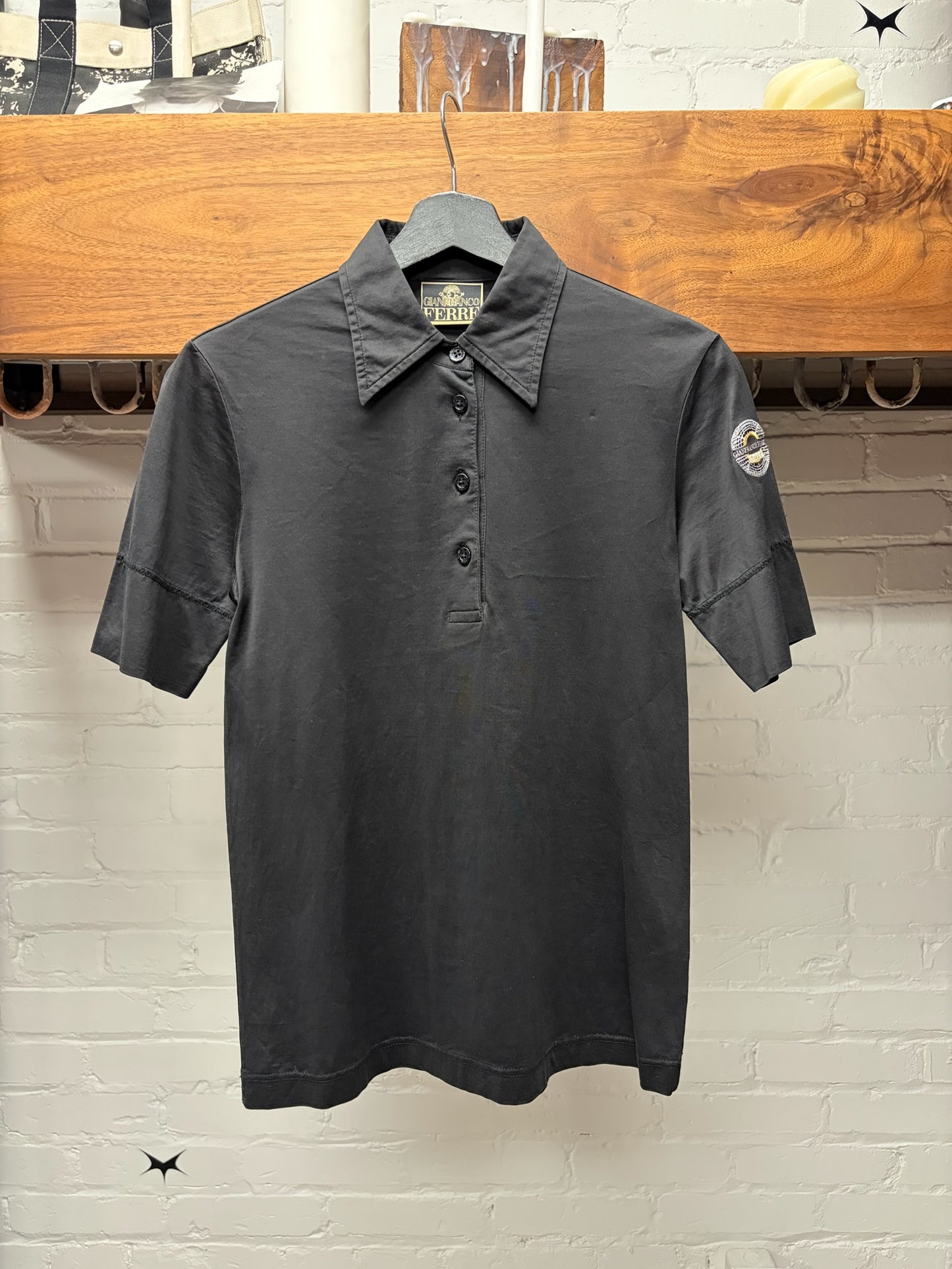 Gianfranco Ferre ‘Badge Logo’ Black Cotton Slim Cut Polo