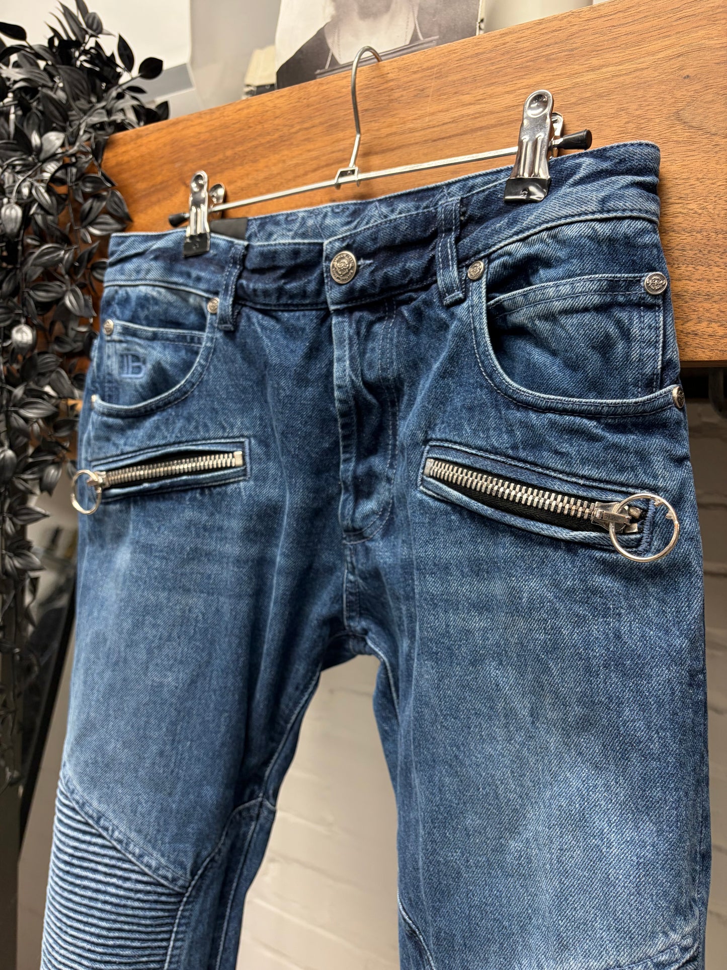 Balmain Biker Knee Blue Skinny Jeans