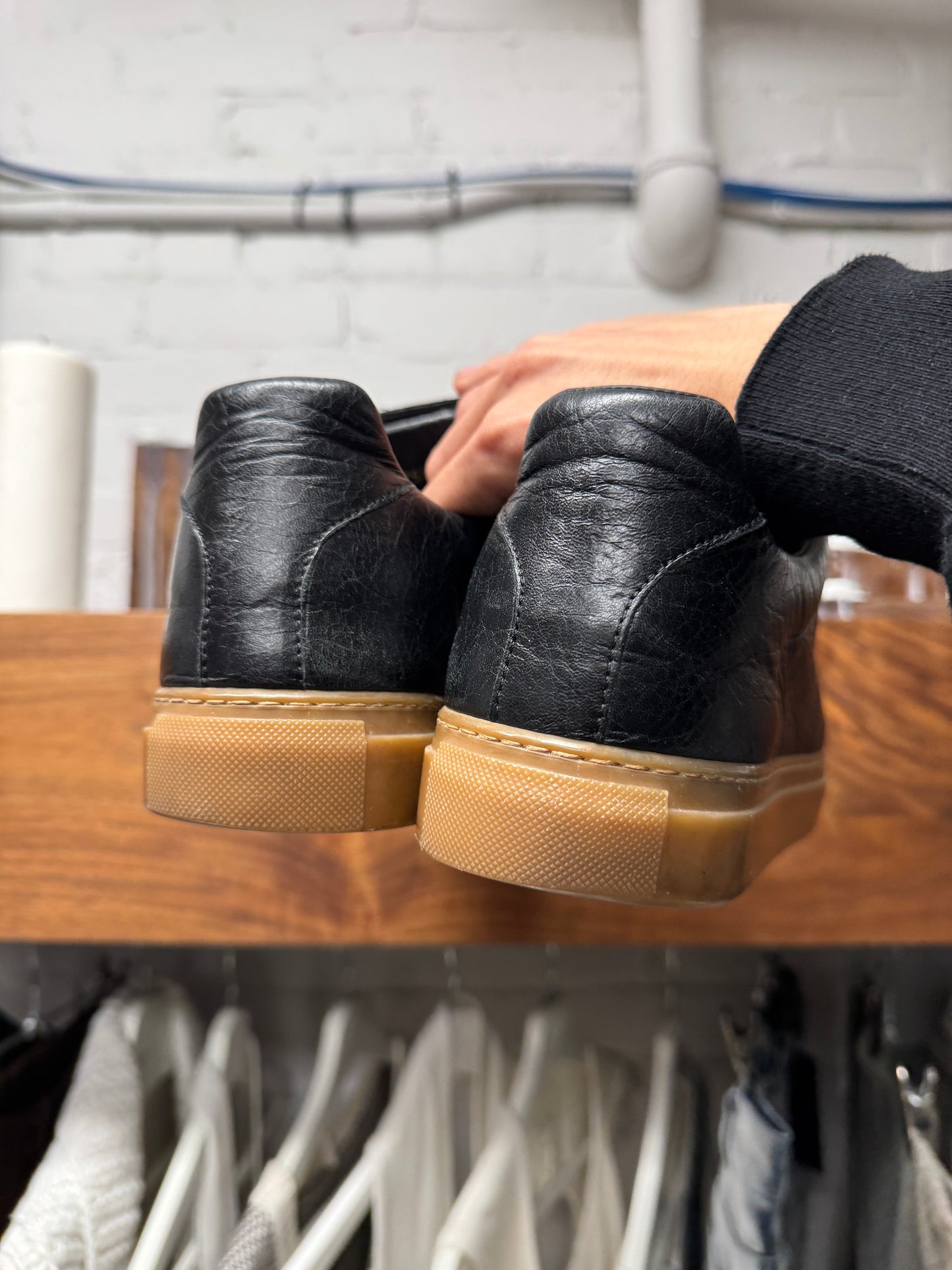 Balenciaga ‘Arena’ Black Leather/Gum Sole Mid Top Sneakers