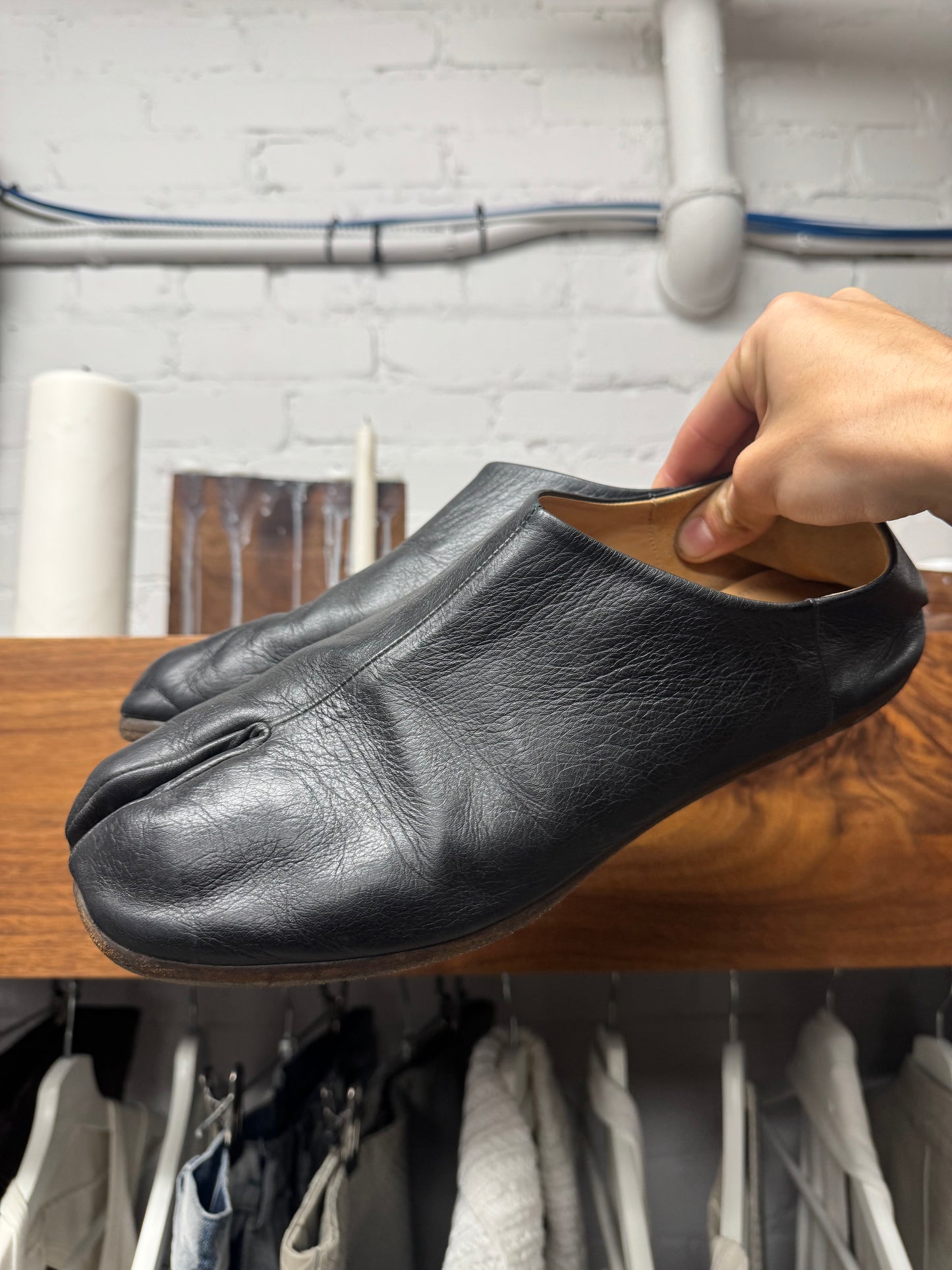 Maison Margiela ‘Tabi’ Split Toe Black Leather Slip On Flats
