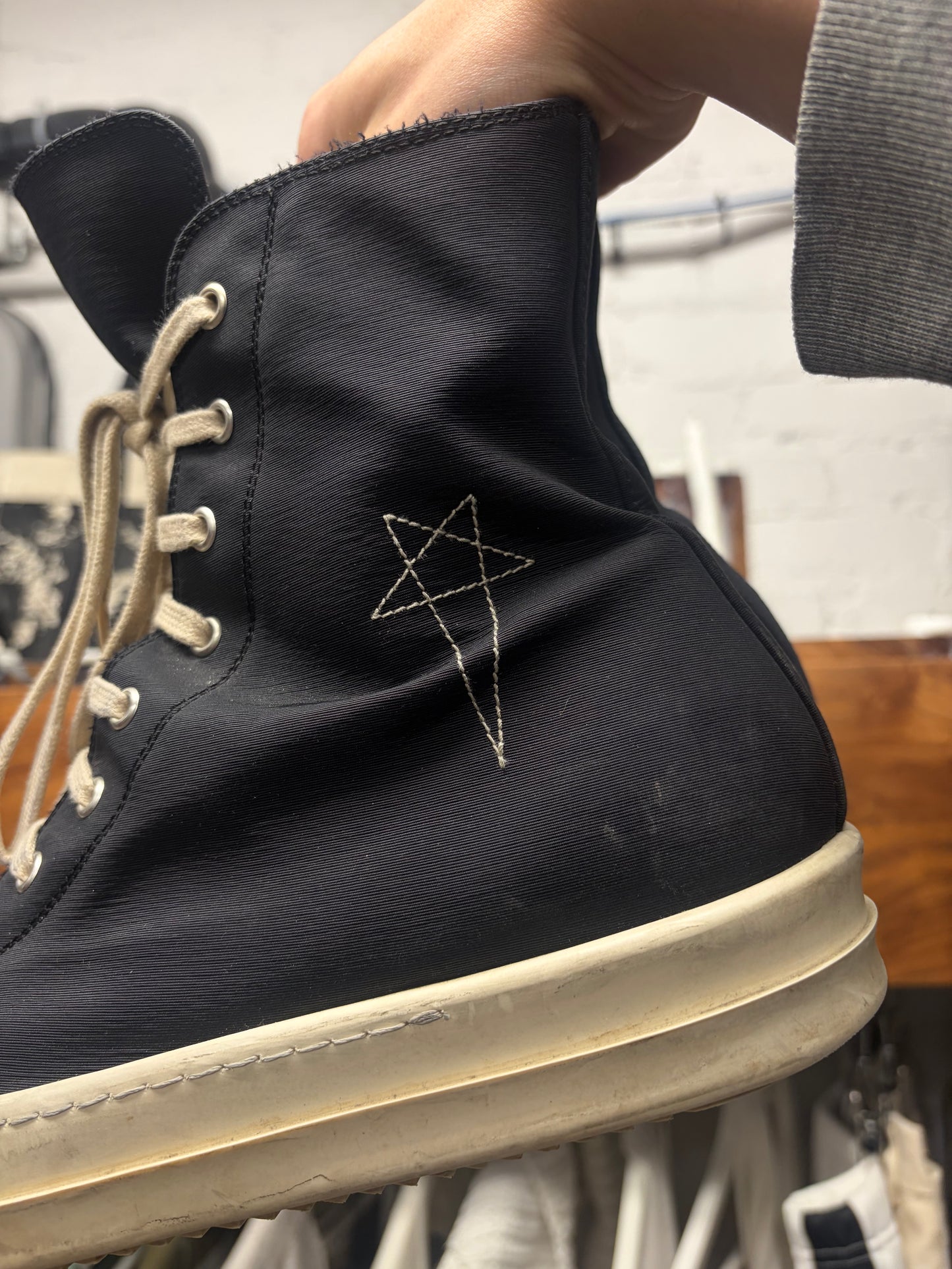 Rick Owens Pentagram Black/Milk Canvas ‘Ramones’ High Top Sneakers