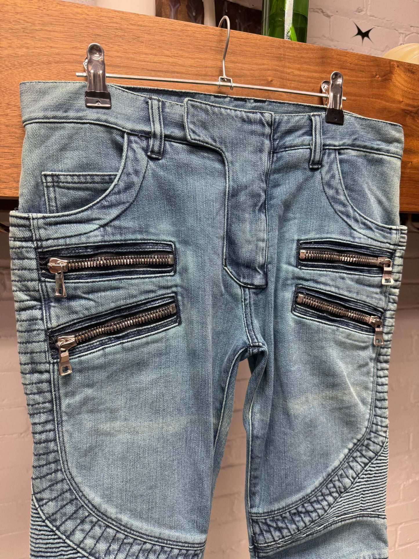 Balmain Blue Biker Knee ‘Double Zip’ Moto Skinny Jeans