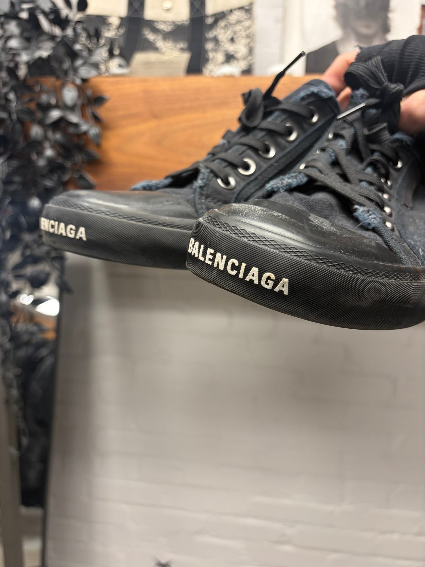 Balenciaga ‘Paris’ Distressed Black Canvas Low Top Sneakers