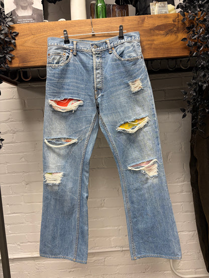 Vintage Yohji Yamamoto ‘Y’s For Men’ Patchwork Distressed Light Wash Blue Flared Denim