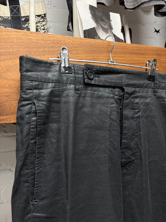 SS2016 Rick Owens ‘Cyclops’ Mainline Waxed Black Drop Crotch Cropped Trousers