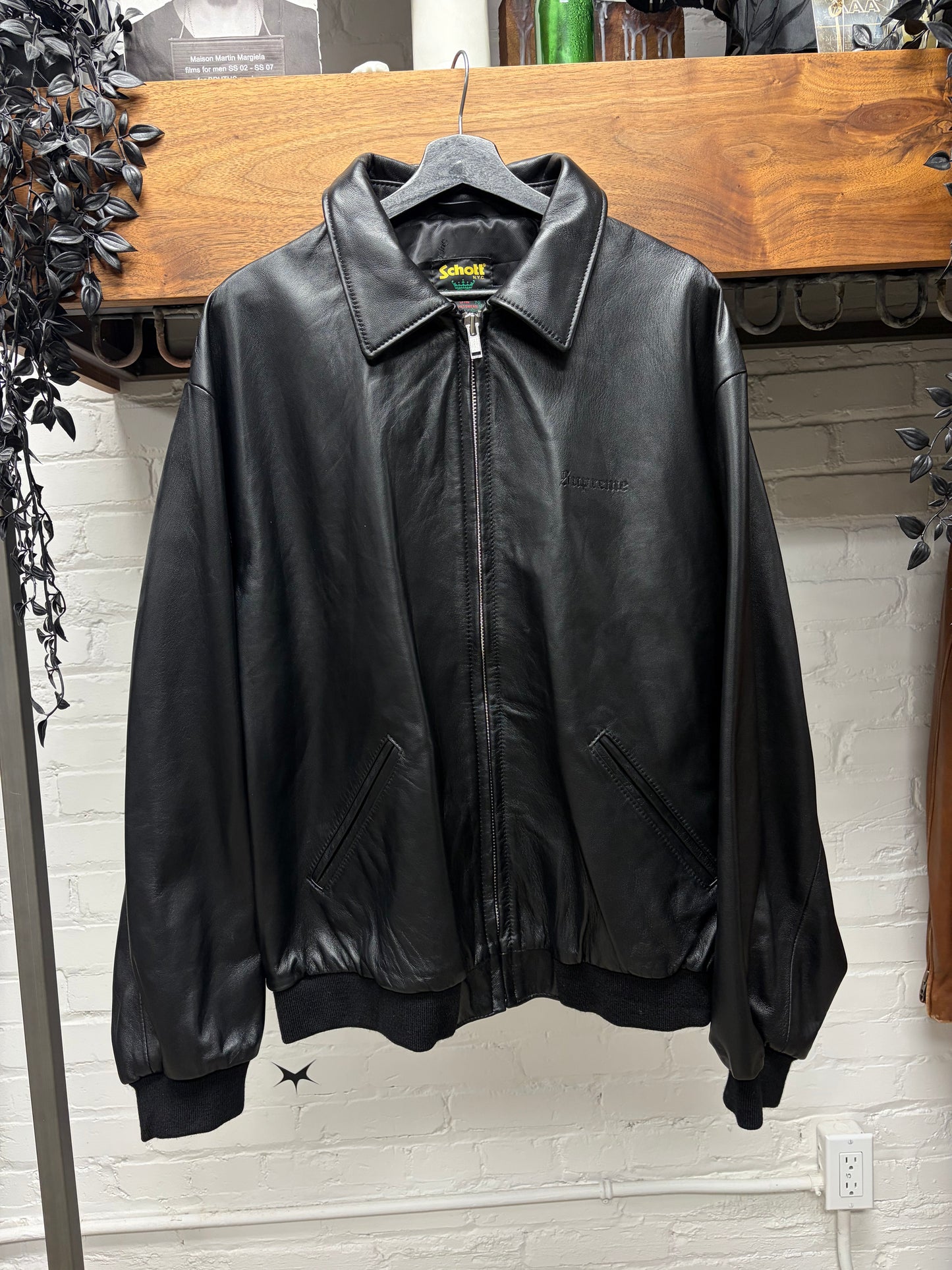 SS2024 Supreme x Schott Black ‘Embossed Logo’ Lambskin Leather Zip-Up Jacket