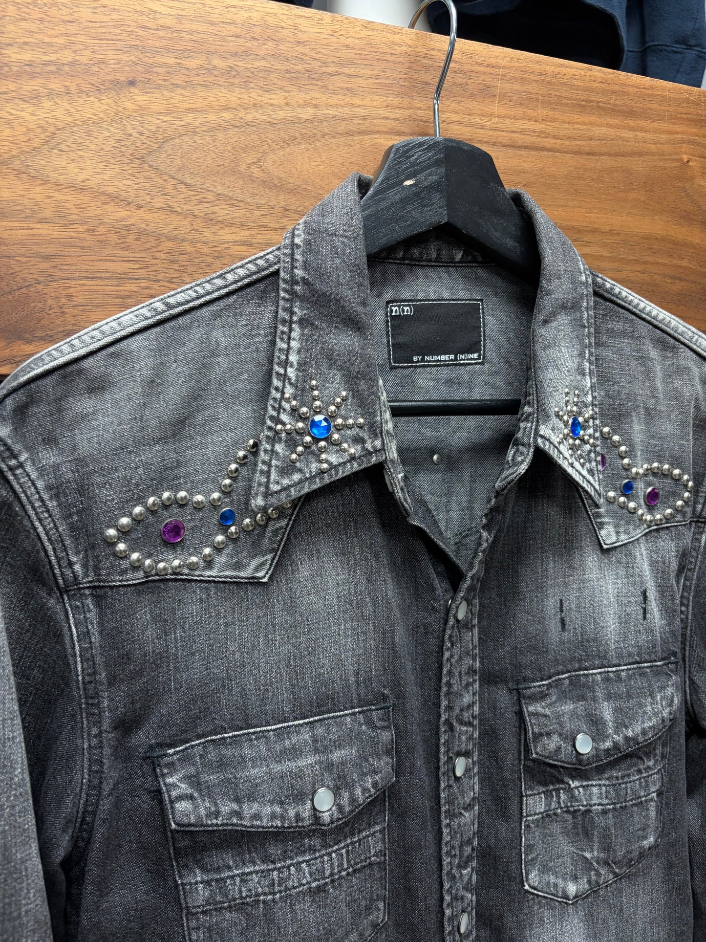 Number (N)ine Gemstone Studded Black Denim Button Snap Work Shirt