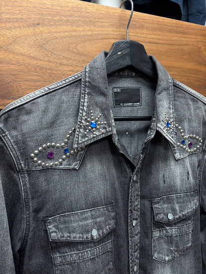 Number (N)ine Gemstone Studded Black Denim Button Snap Work Shirt
