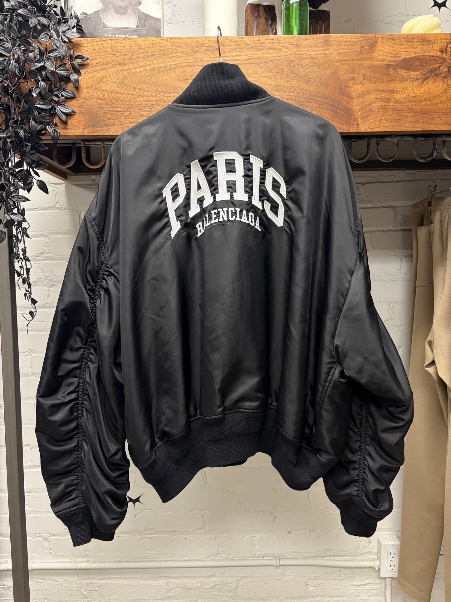 2025 Balenciaga ‘Paris’ Black Drop Shoulder Varsity Bomber Jacket