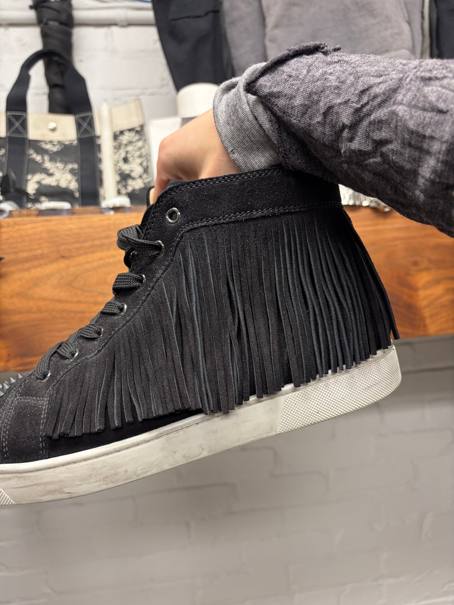 Christian Louboutin Black Suede Red Bottom High Top Sneakers