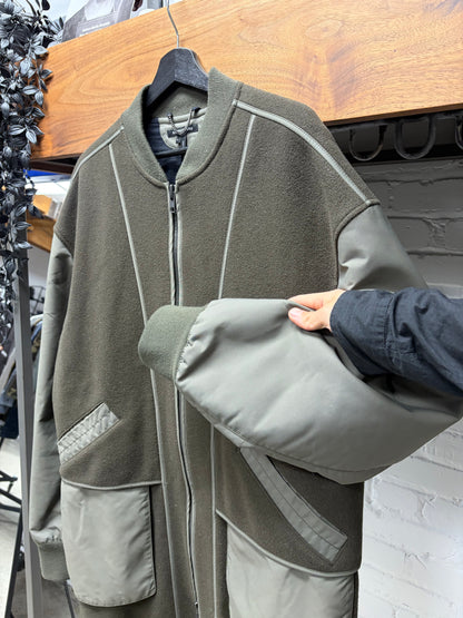 Helmut Lang Wool/Nylon Military Green Panelled Long Bomber Coat