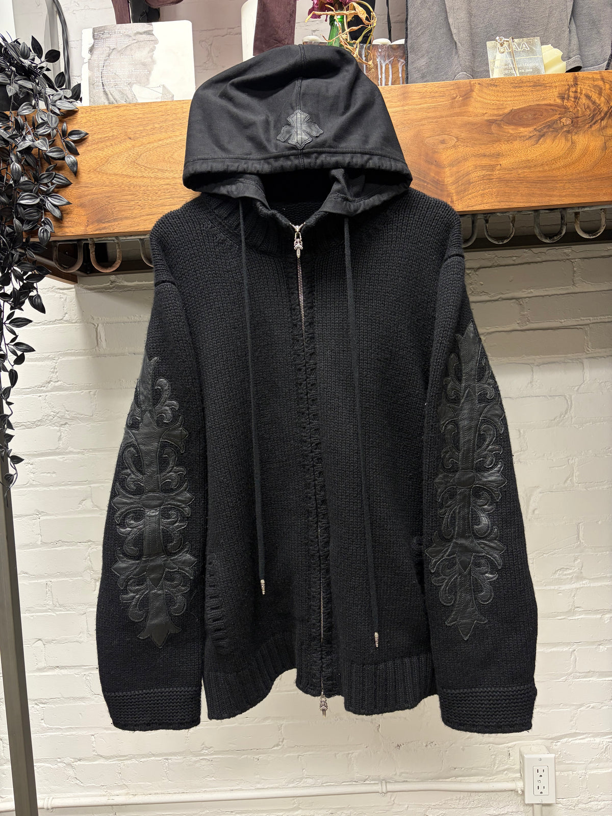 Chrome Hearts Custom Order Cashmere/Leather Cross Patch .925 Silver Zip-Up Knit Hooded Sweater