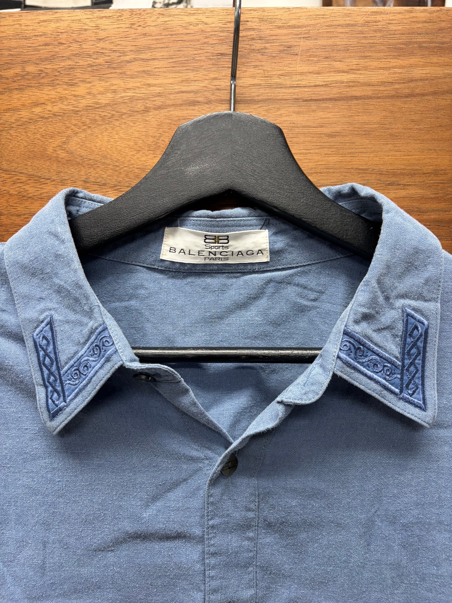 Vintage 90s Balenciaga Blue Embroidered Logo Short Sleeve Button Up Shirt
