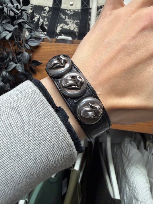 Chrome Hearts x Rolling Stones ‘Tongue & Lips’ 925 Silver Black Leather Snap Bracelet