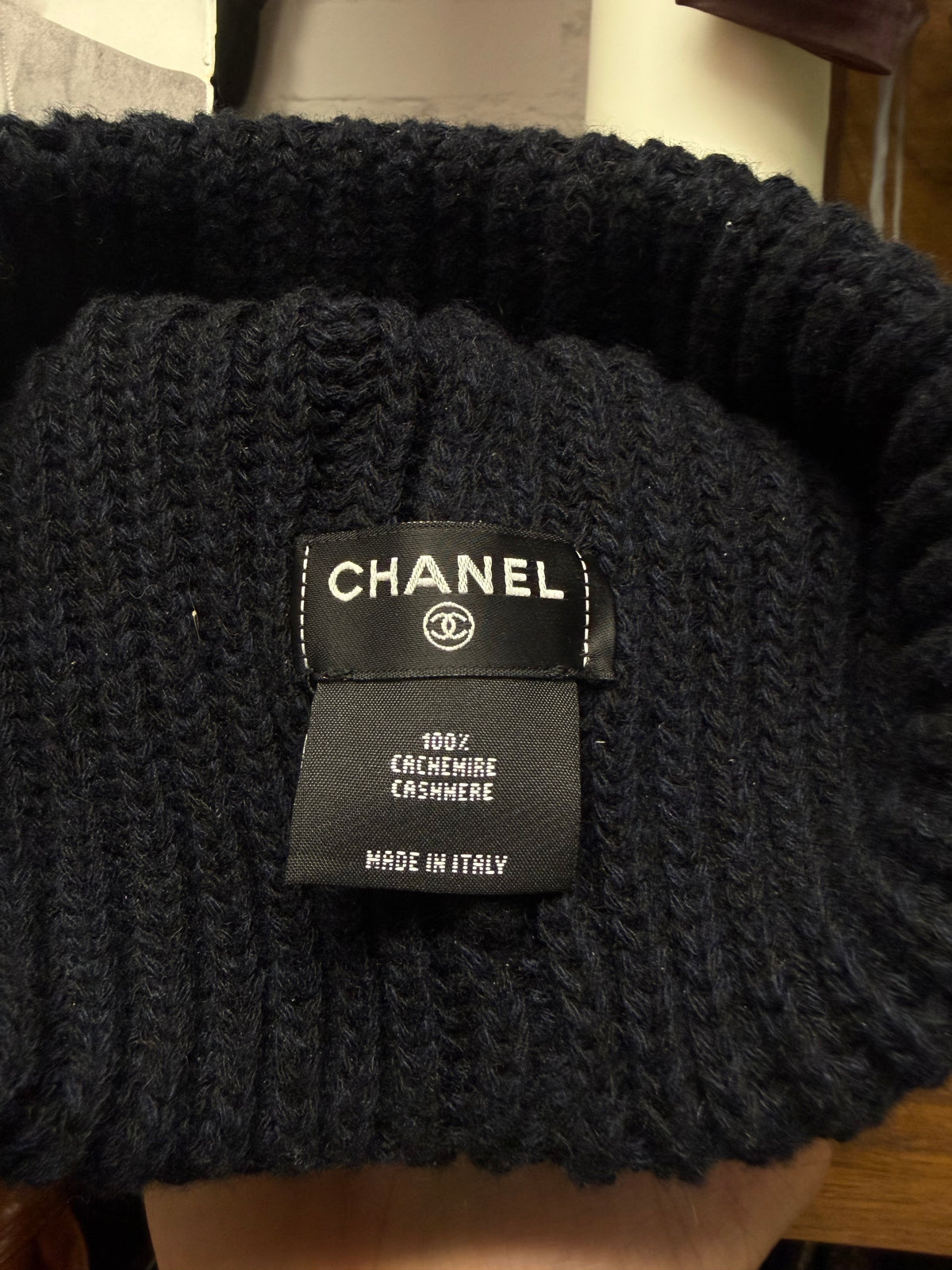 Chanel Ribbed Black Thick Cashmere Beanie with Tweed Patch Logo