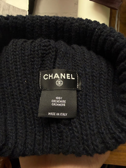 Chanel Ribbed Black Thick Cashmere Beanie with Tweed Patch Logo