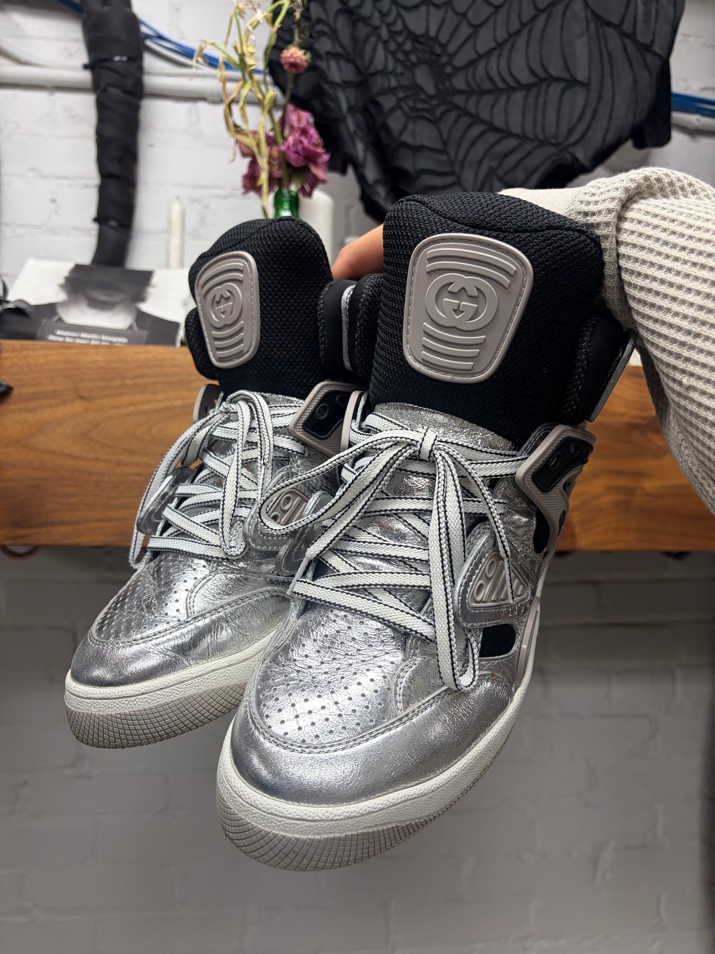 Gucci ‘Basket’ Metallic Silver/Black Leather High Top Sneakers