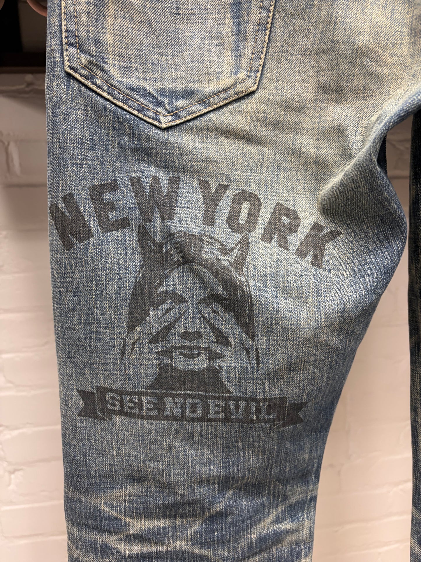 Hysteric Glamour ‘See No Evil’ Studded Blue Dirt Wash Skinny Jeans