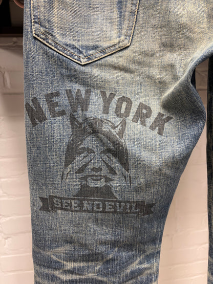 Hysteric Glamour ‘See No Evil’ Studded Blue Dirt Wash Skinny Jeans