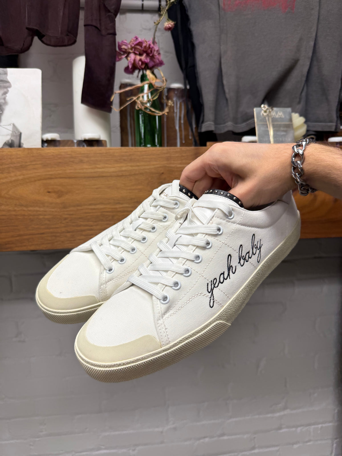 2017 Saint Laurent ‘Yeah Baby’ Cursive Embroidered Studded Leather/ White Canvas Low Top Sneakers