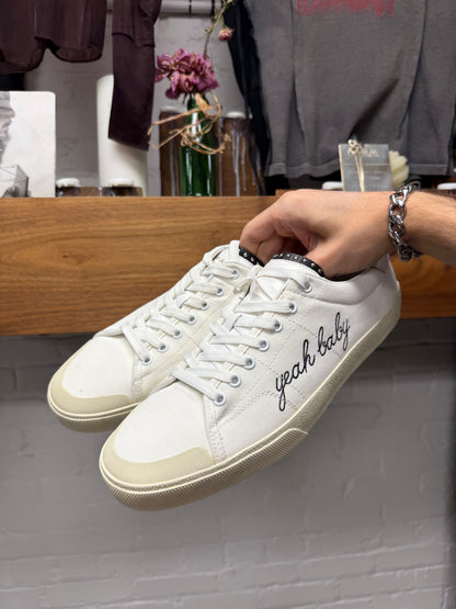 2017 Saint Laurent ‘Yeah Baby’ Cursive Embroidered Studded Leather/ White Canvas Low Top Sneakers
