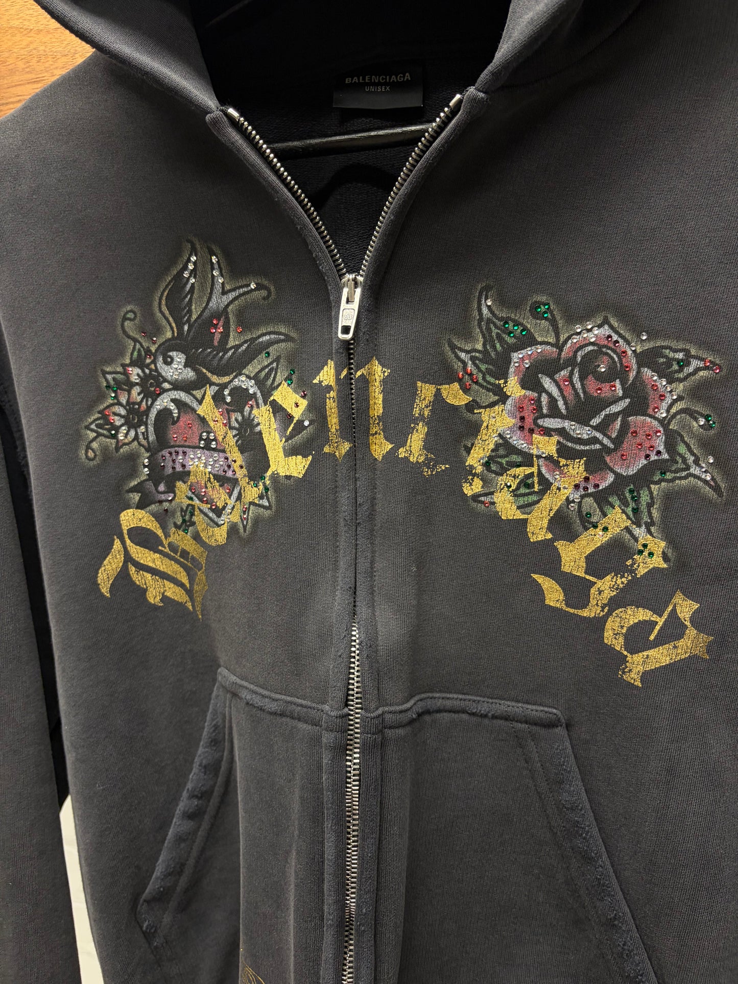 SS2025 Balenciaga ‘Tacky Logo’ Black Studded Zip-Up Hoodie