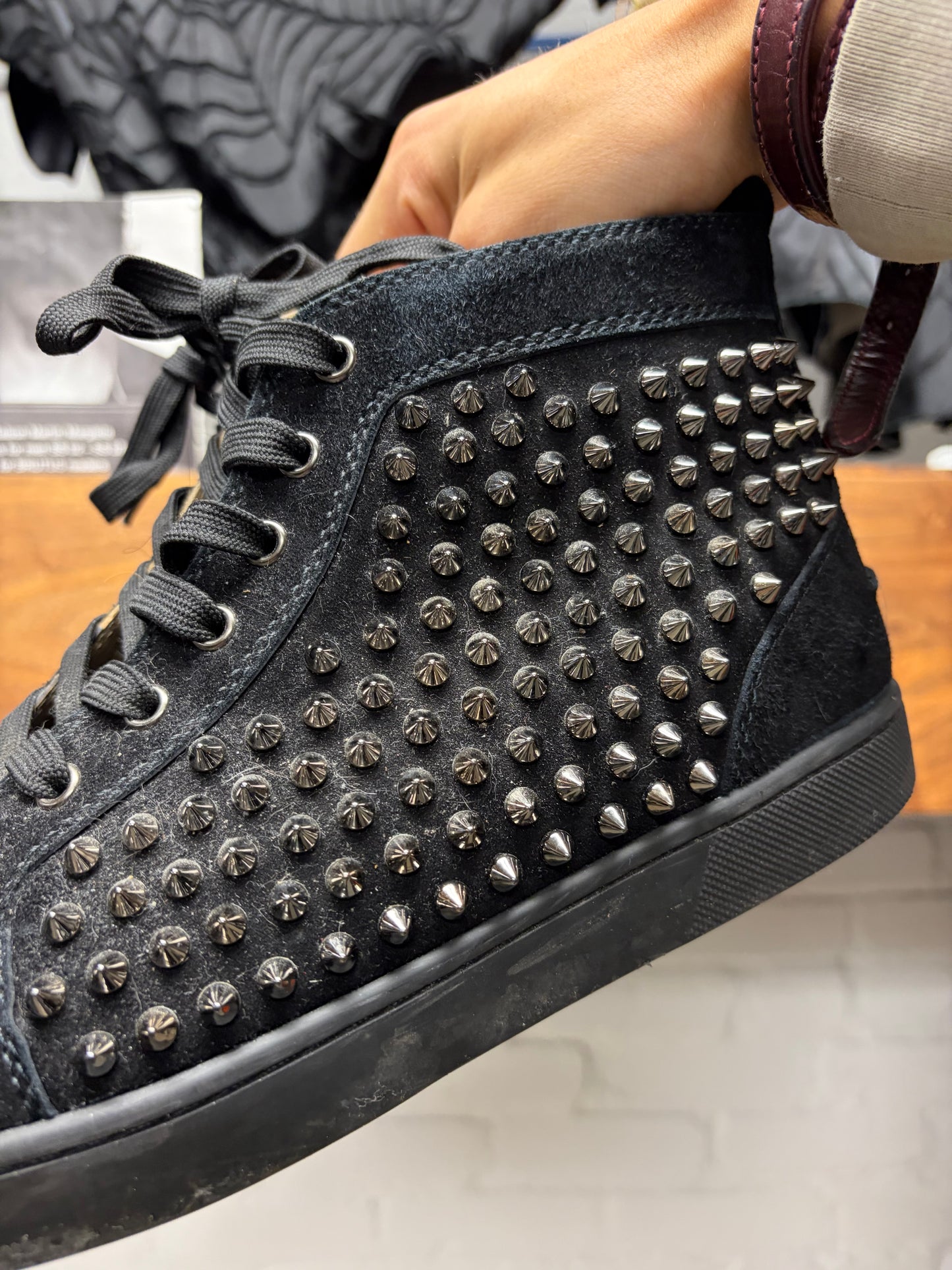 Christian Louboutin ‘Junior Spikes’ Black High Top Red Bottom Sneakers