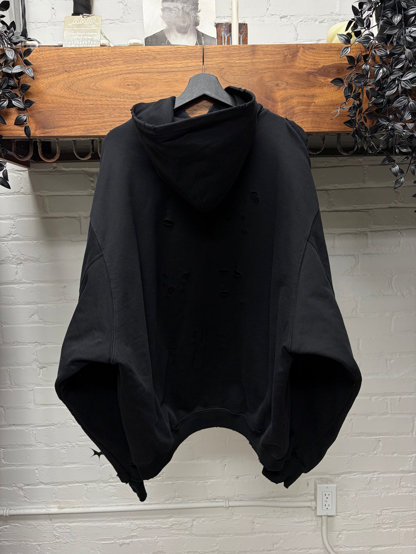 2021 Balenciaga Thrash Distressed Black Heavy Terry Cotton Pullover Hoodie
