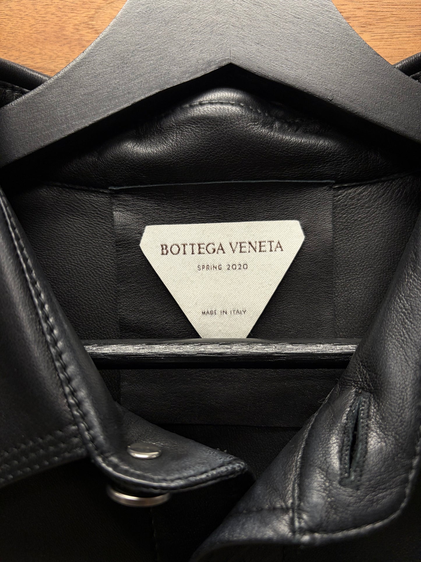 SS2020 Bottega Veneta ‘Polished Button’ Black Leather Oversized Work-Shirt