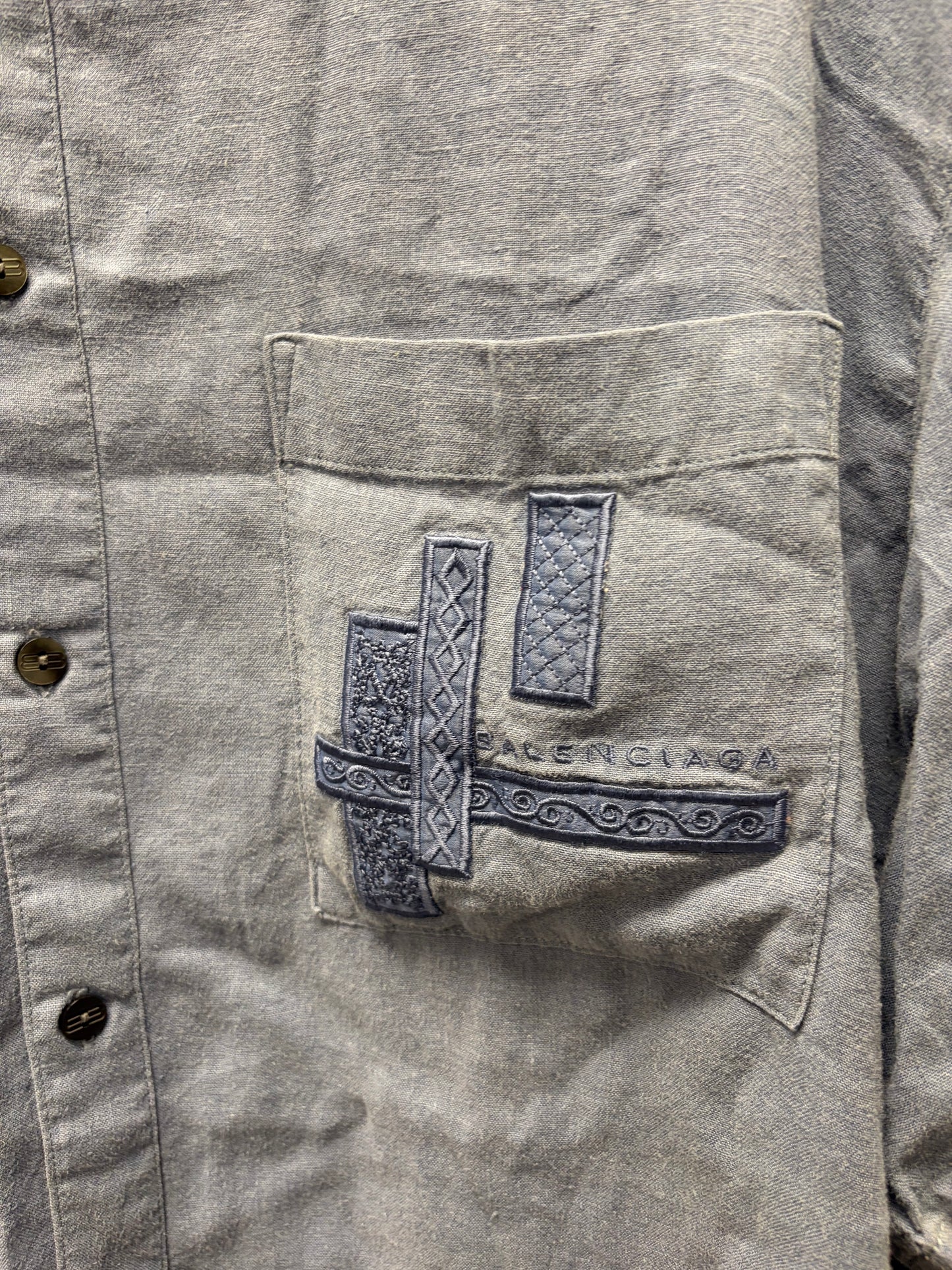 Vintage 90s Balenciaga Blue Embroidered Logo Short Sleeve Button Up Shirt