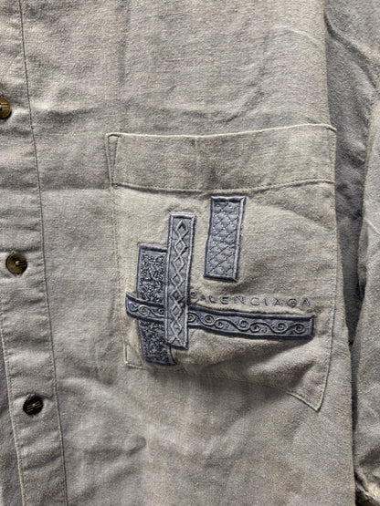 Vintage 90s Balenciaga Blue Embroidered Logo Short Sleeve Button Up Shirt