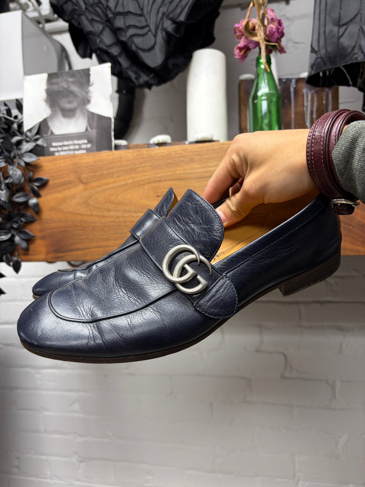 Gucci ‘GG Buckle’ Classic Navy Blue Leather Wood Sole Loafers
