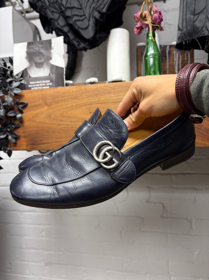 Gucci ‘GG Buckle’ Classic Navy Blue Leather Wood Sole Loafers